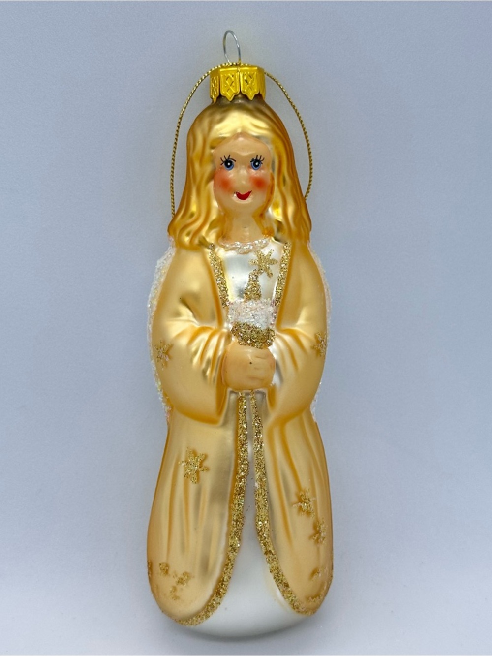 VTG Gold Angel Christmas Ornament Hand Painted Blown Glass Candle in Box *READ*